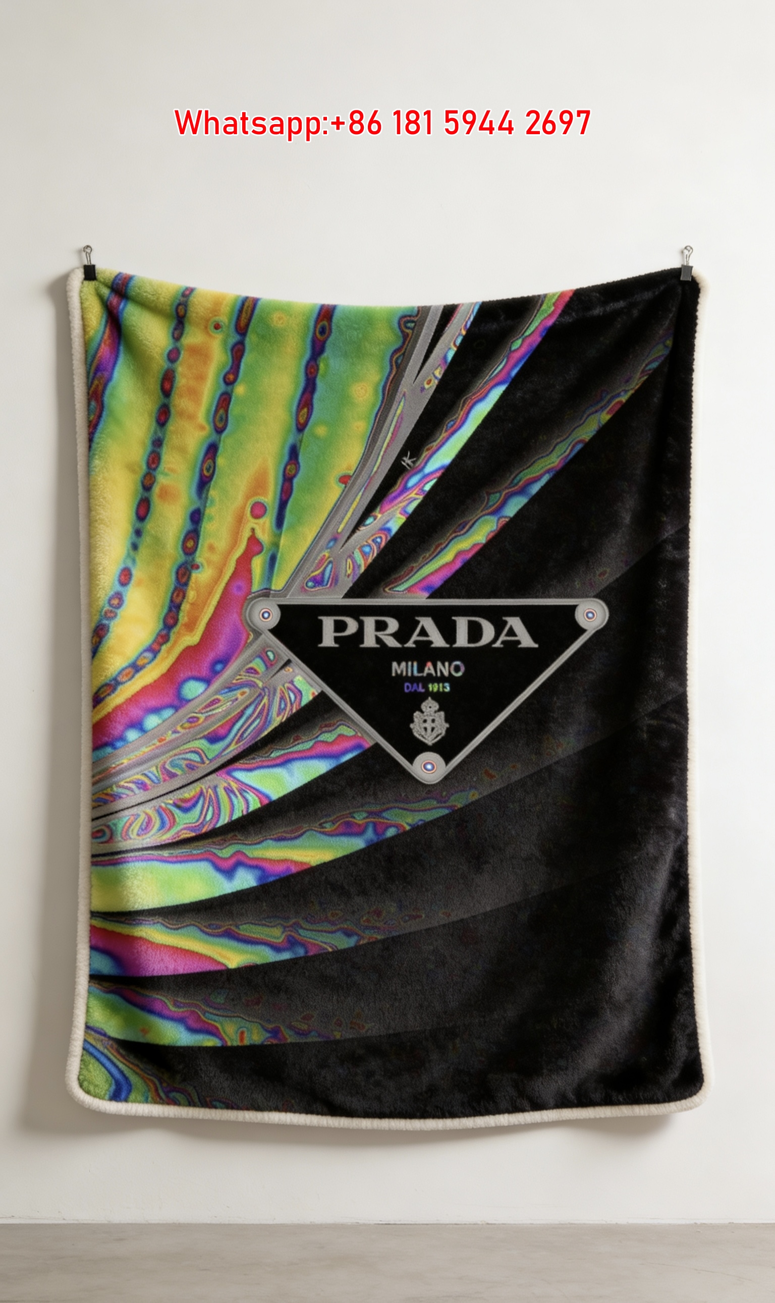 Prada Holographic Neon Swirl Print Black Background Flannel Throw Blanket IMG_2734